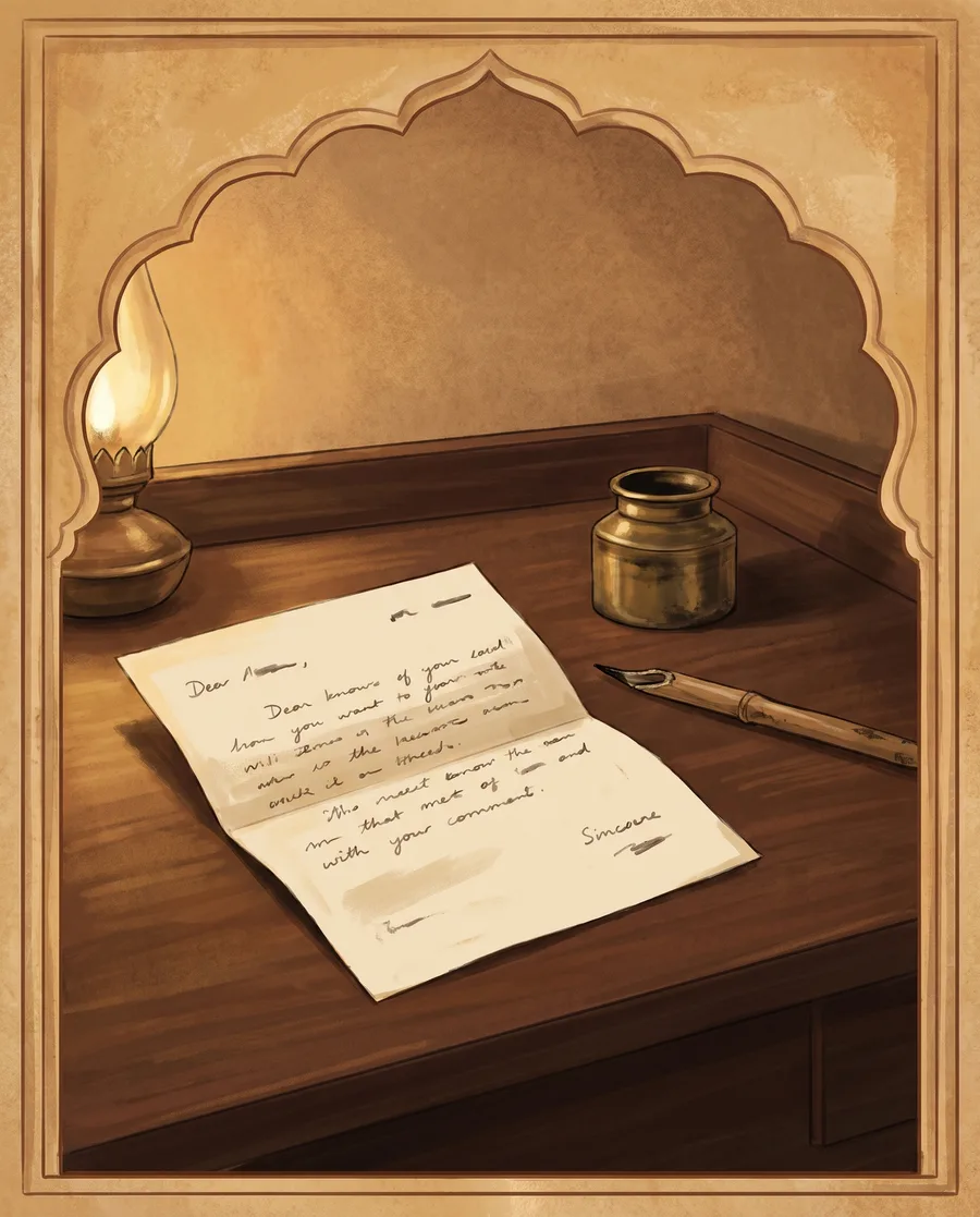 A folded handwritten letter on a wooden desk beside a brass ink pot, painted fresco