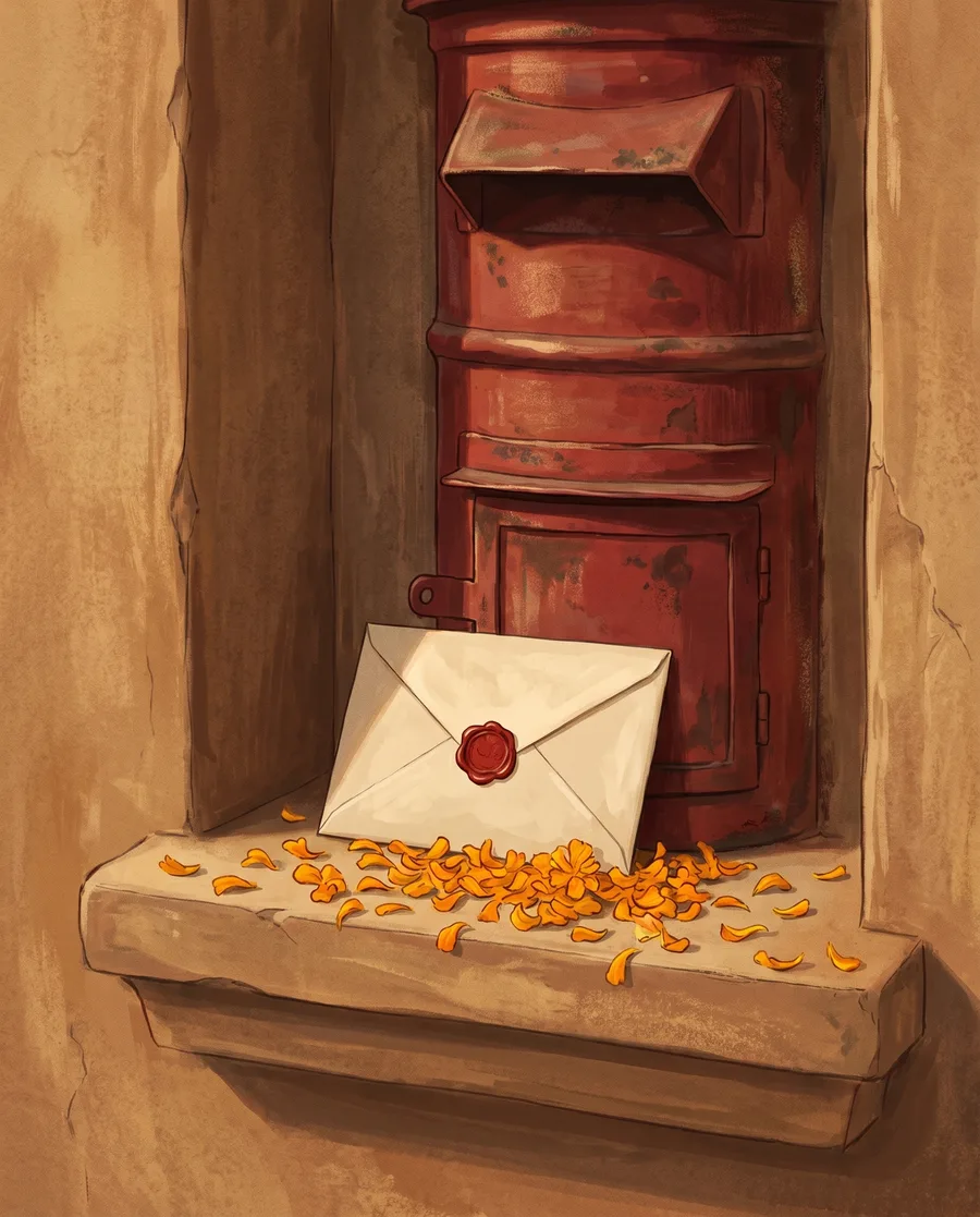 A wax sealed envelope resting on an old red post box with marigold petals, painted fresco
