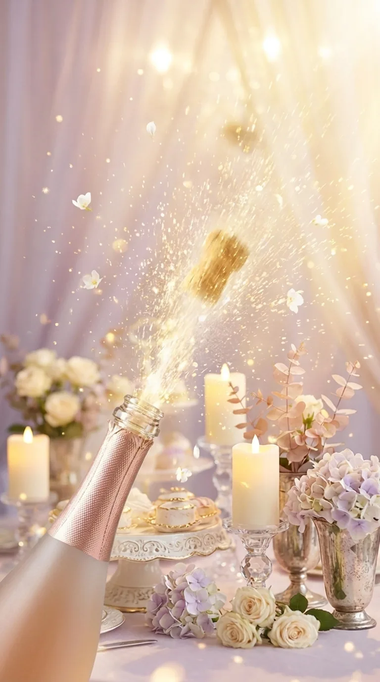 The champagne cork flying in a burst of golden mist over the lavender tablescape