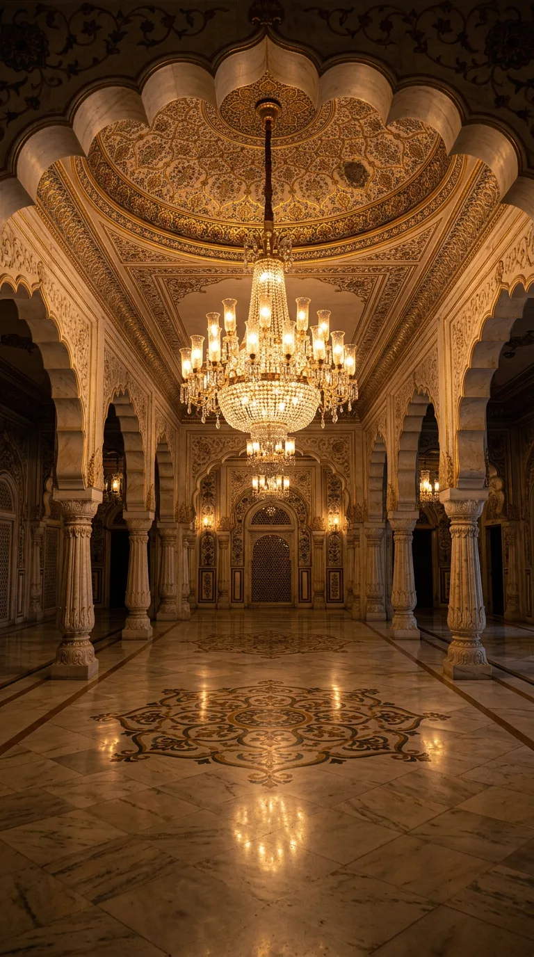 The same palace hall blazing gold under the lit chandelier