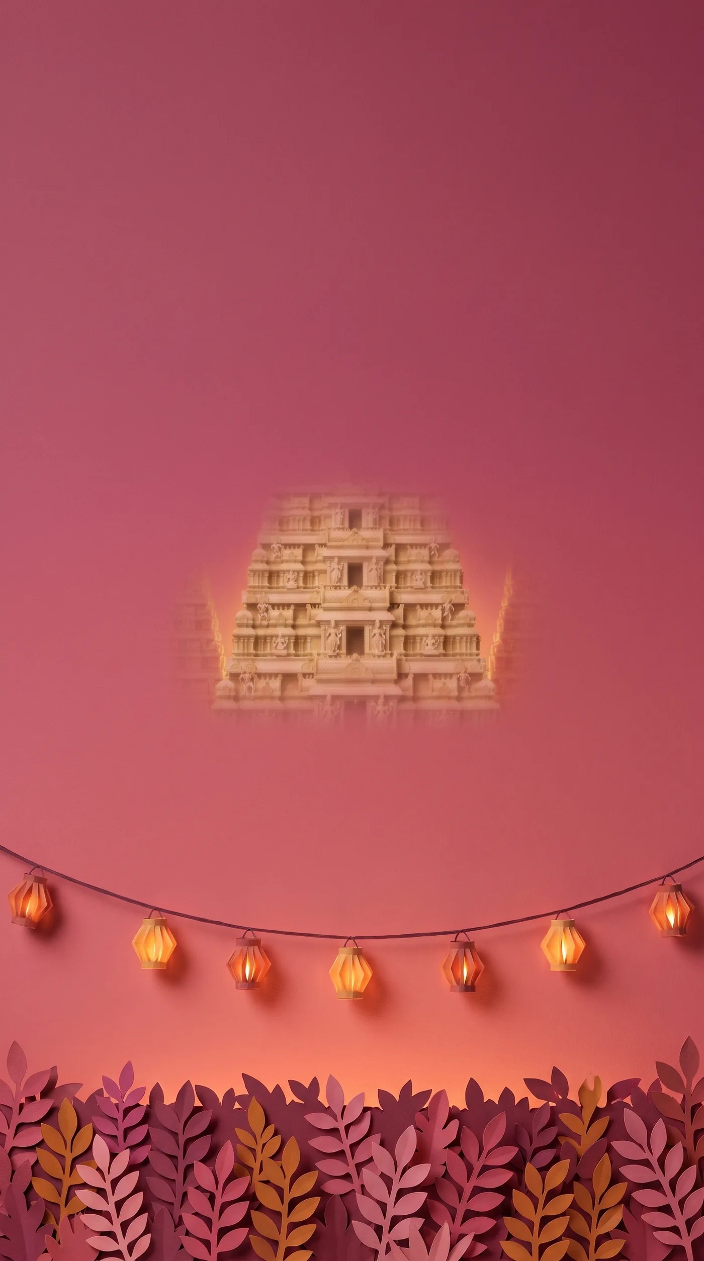 Papercraft lantern string over a garden hedge on a rose evening sky