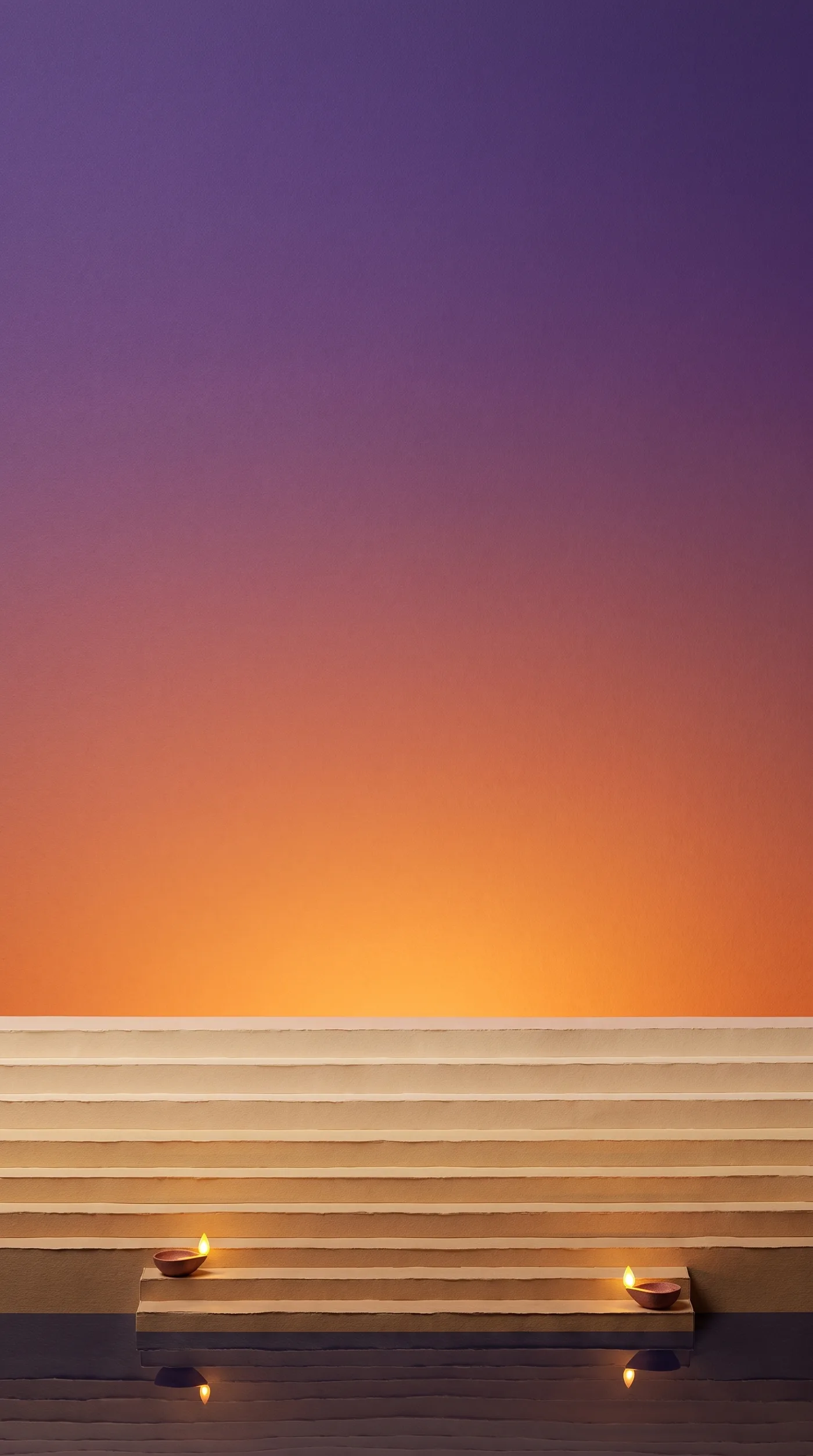 Papercraft temple bathing steps down to still water at amber dusk