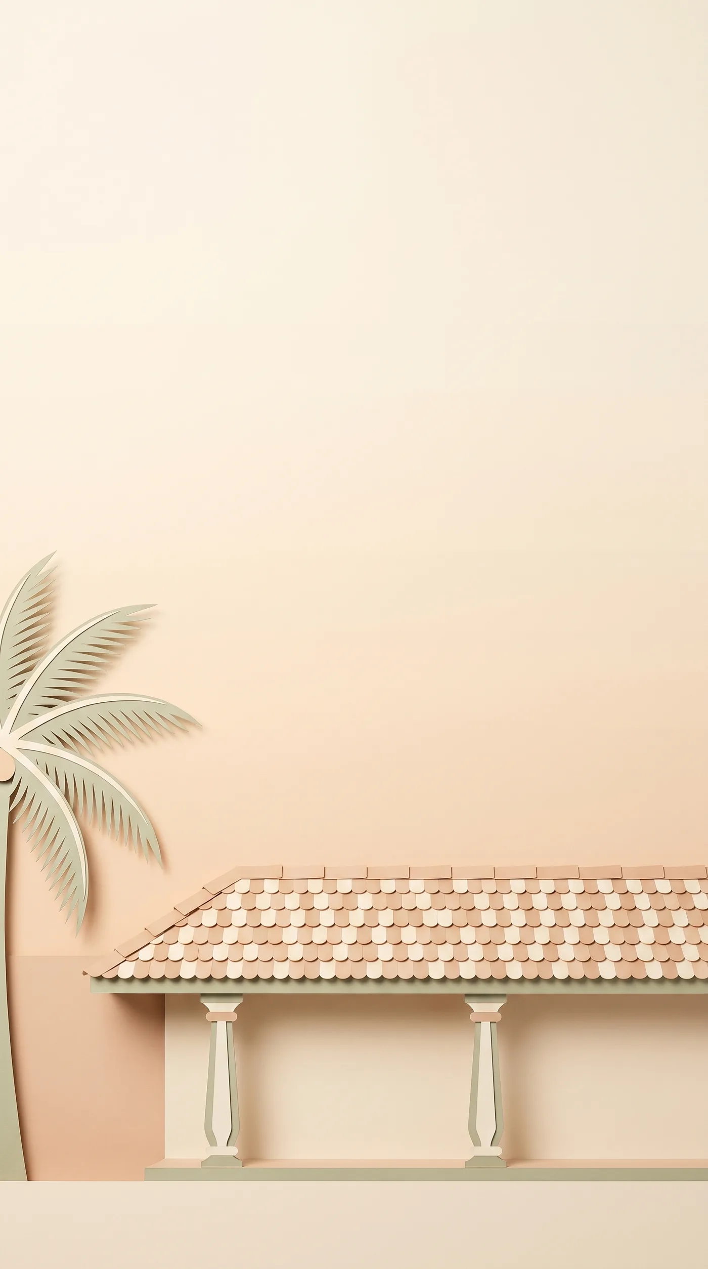 Papercraft house verandah under a pale sandal morning sky