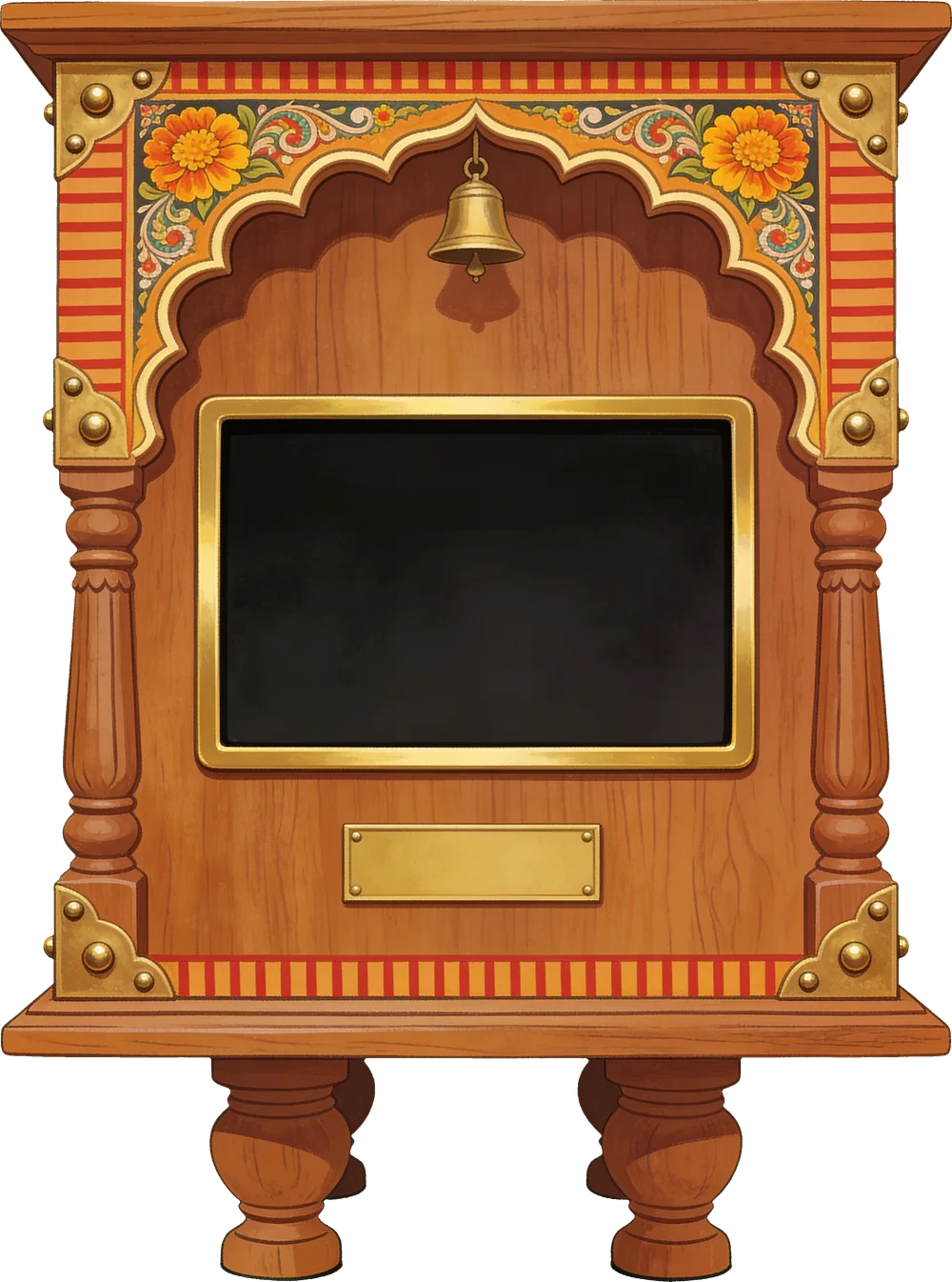 A carved wood and brass fairground machine with a jharokha arch, painted marigolds and a small hanging bell