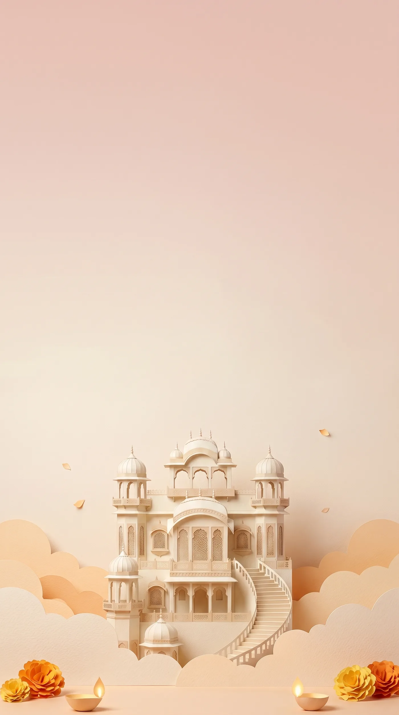 Papercraft palace with cut-paper domes floating on paper clouds in a blush sky