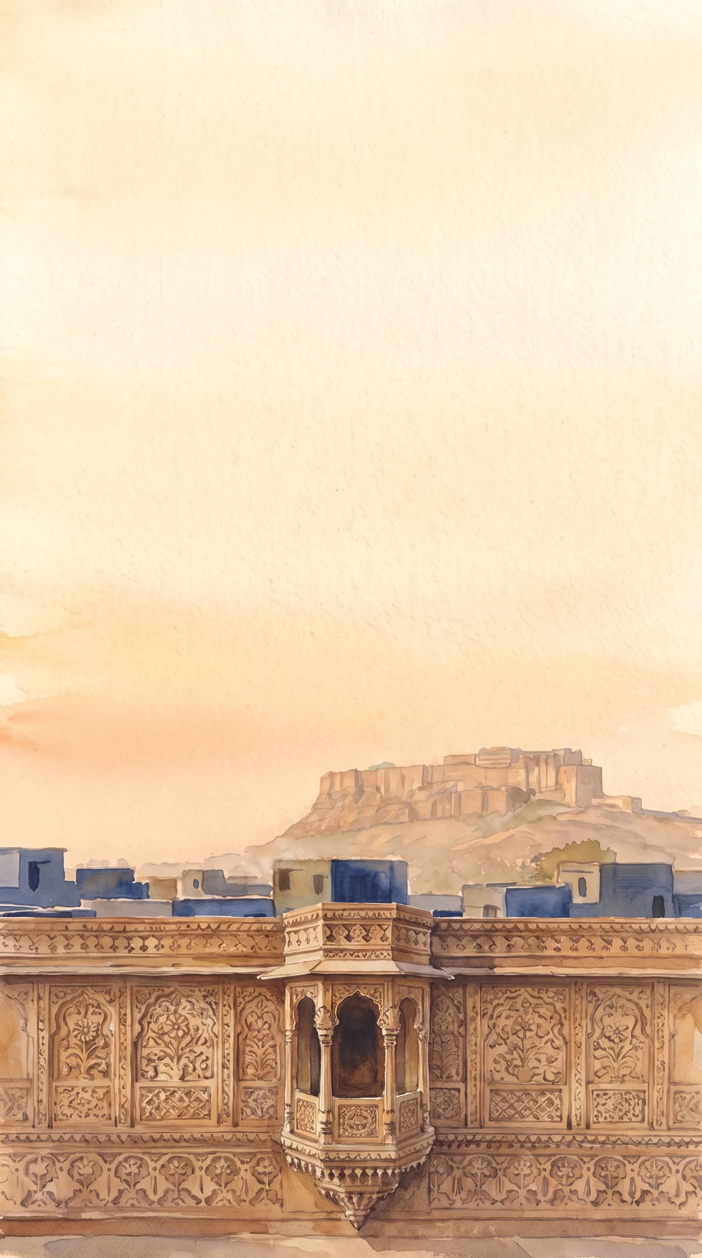 A carved sandstone jharokha balcony with Mehrangarh fort rising behind it