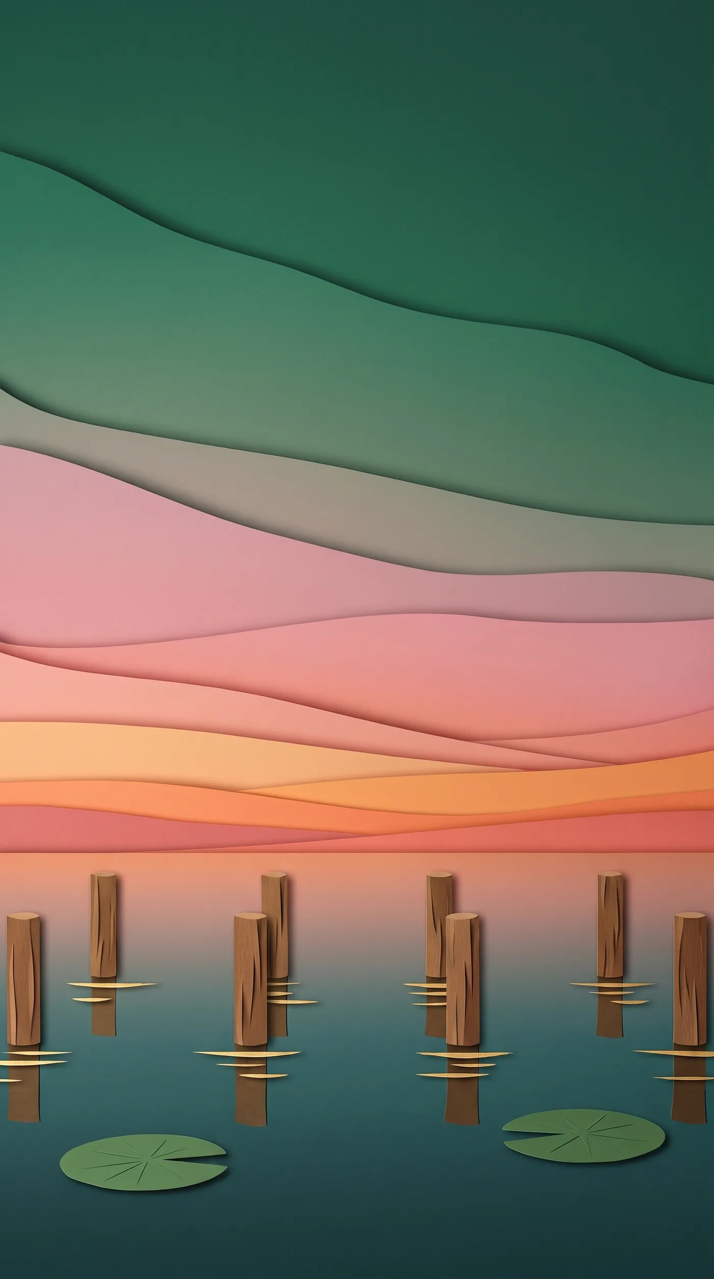 Paper-cut jetty posts standing in still water under a deep emerald and rose dusk sky