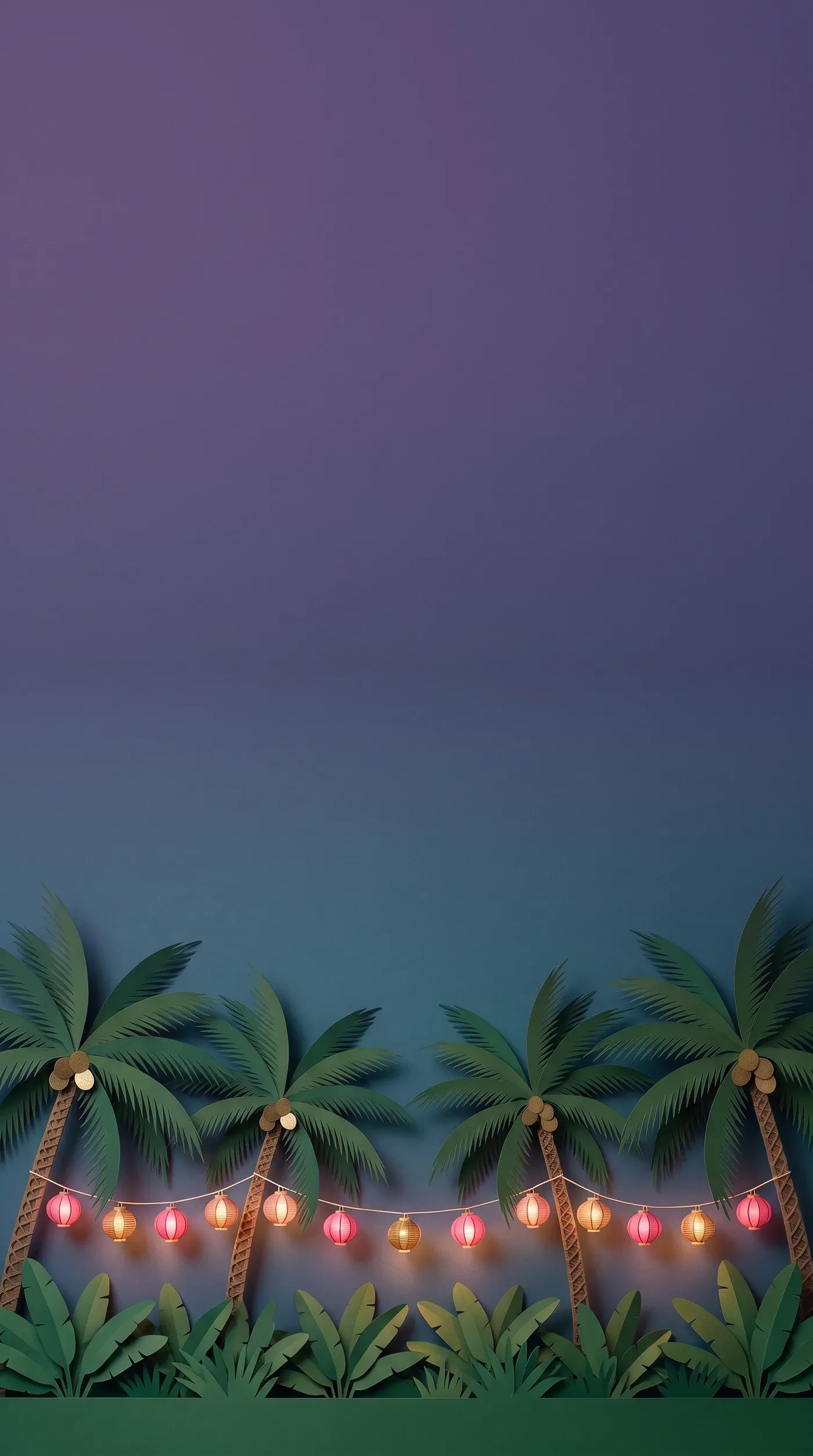 Paper-cut lakeside lawn at dusk with rose and gold lanterns strung between palms