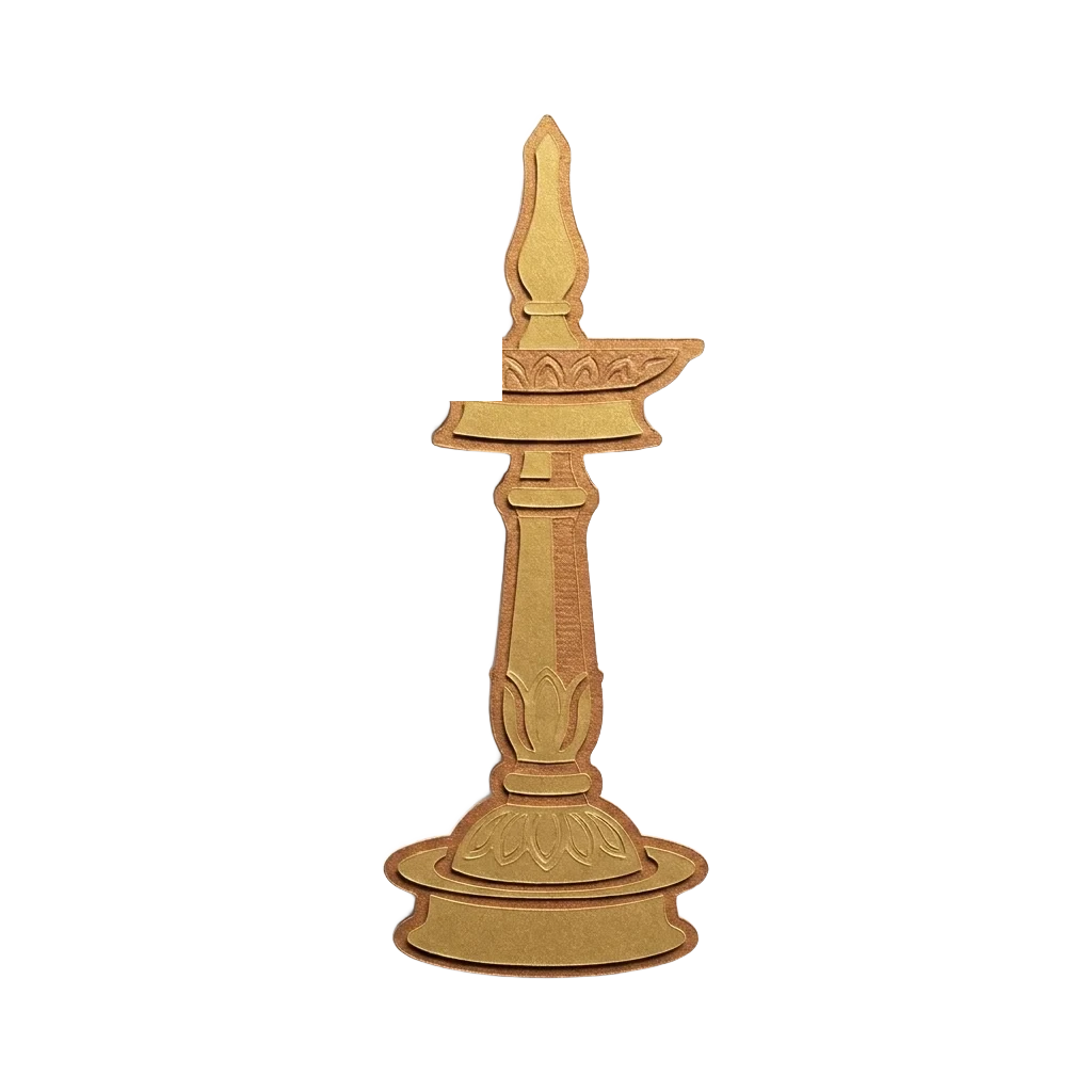 A paper-cut nilavilakku, the tall brass lamp of a Kerala home, its wick still unlit