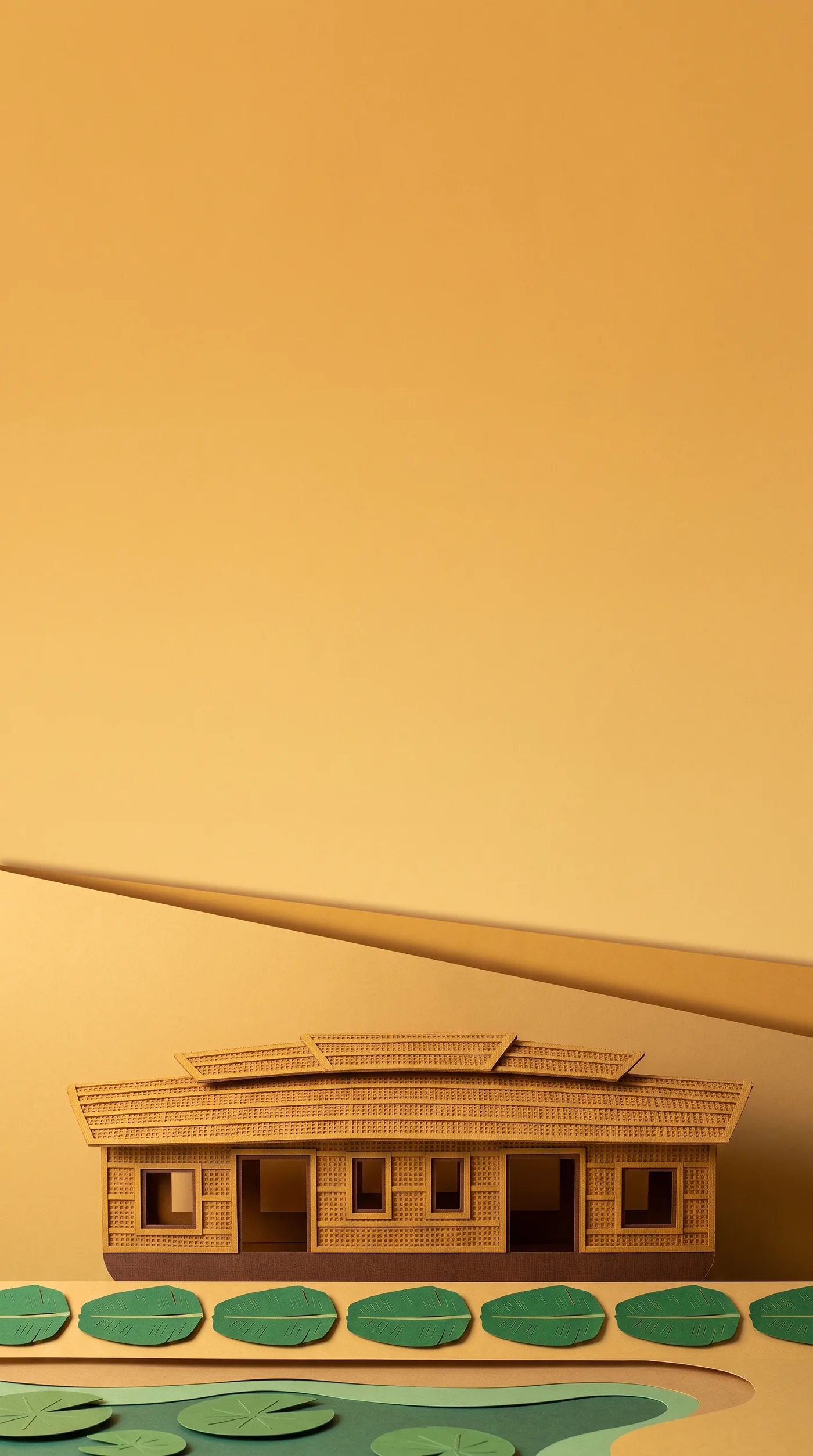 Paper-cut boathouse feast hall under a warm amber sky, banana leaves laid along its front