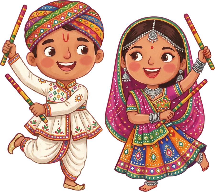 Advait and Kiara dancing garba in a comic panel, a pair of striped dandiya sticks crossed beside them