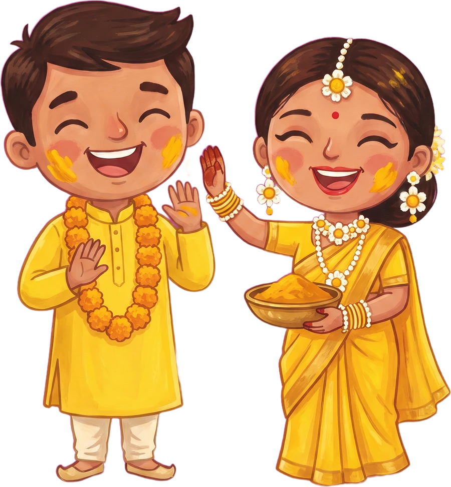 Advait and Kiara drawn in yellow haldi outfits with turmeric on their cheeks, she is holding up a bowl of paste and he is dodging