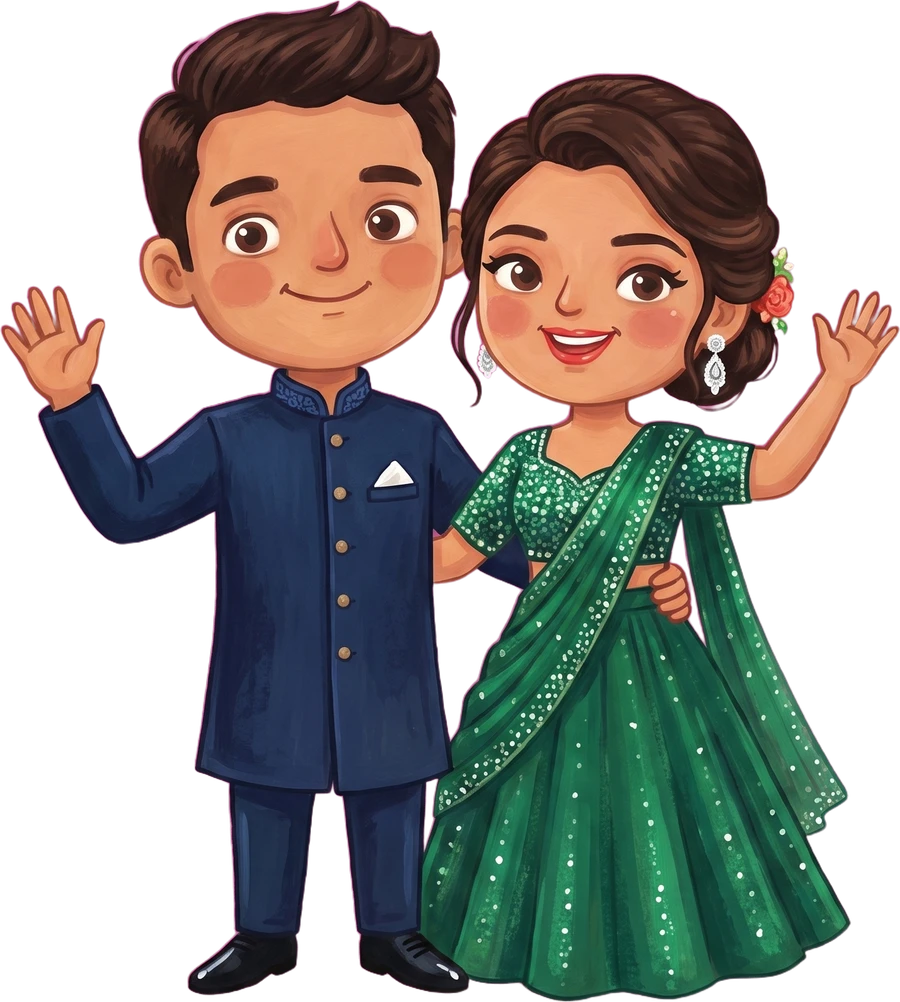 Advait and Kiara dressed up in a comic panel with a sealed envelope, the proposal beat of their story
