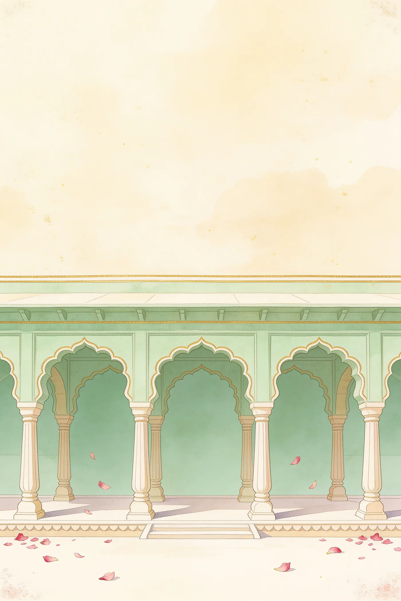 Painted pistachio green palace colonnade under a calm warm ivory sky, rose petals on the floor