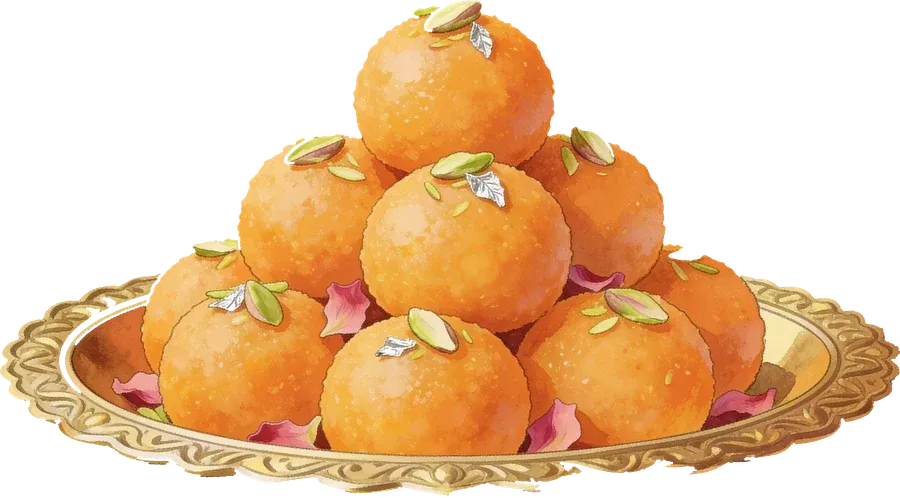 Wide brass thaal on a pedestal piled with motichoor laddoos, pistachio slivers and rose petals