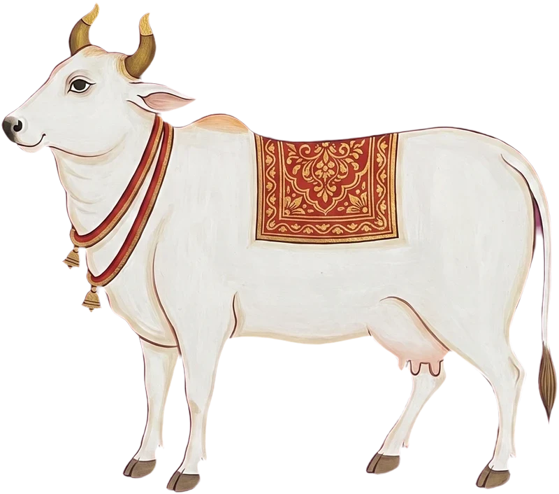 A white cow with a red and gold saddle cloth, pichwai