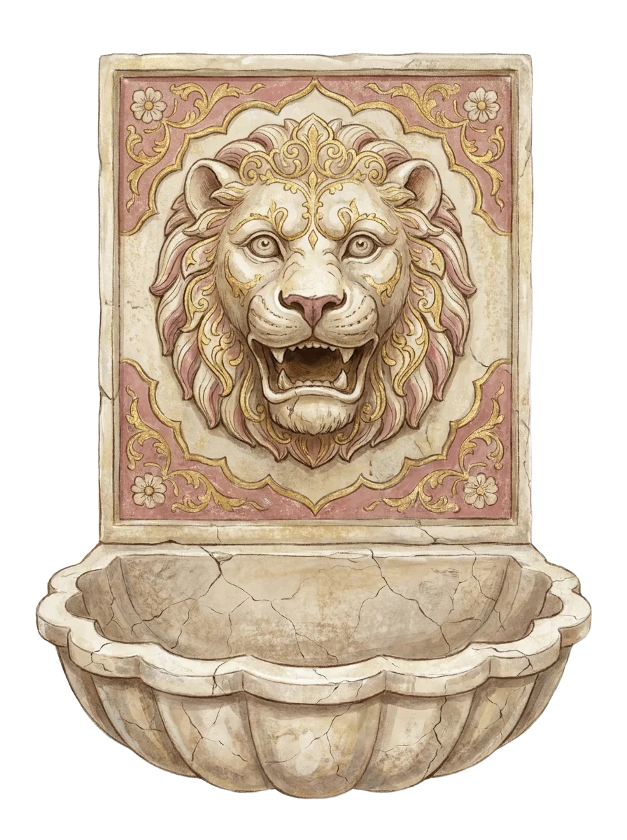 Painted stone lion head wall fountain above a carved basin