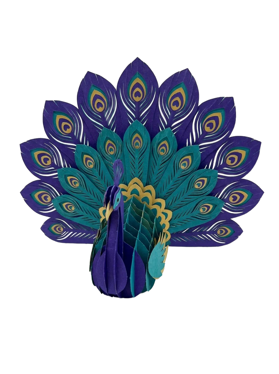 Papercraft peacock with a fanned tail, cut from layered card stock