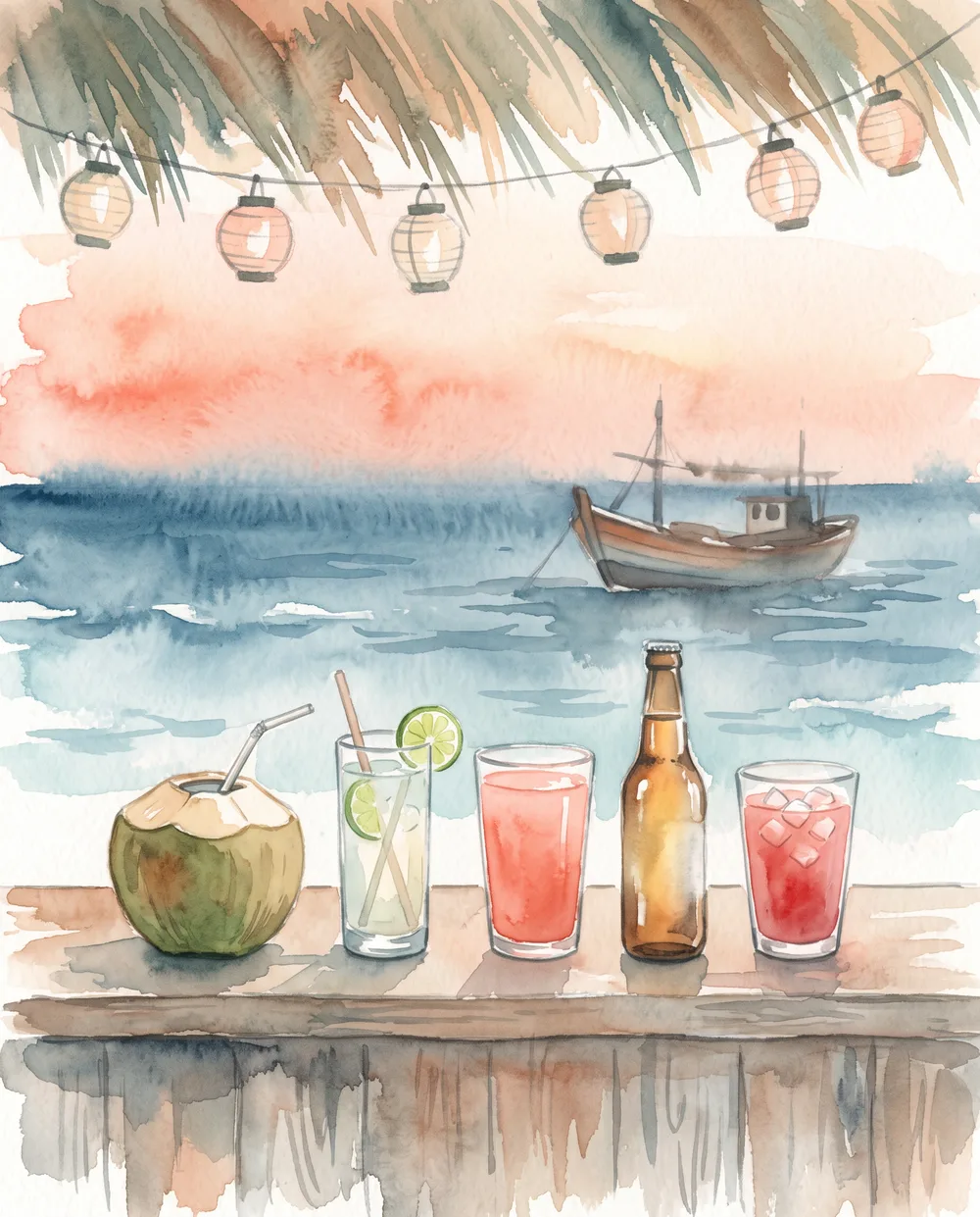 Watercolour of a beach shack bar at dusk, five drinks along the counter, lanterns lit and a fishing boat on the sand behind