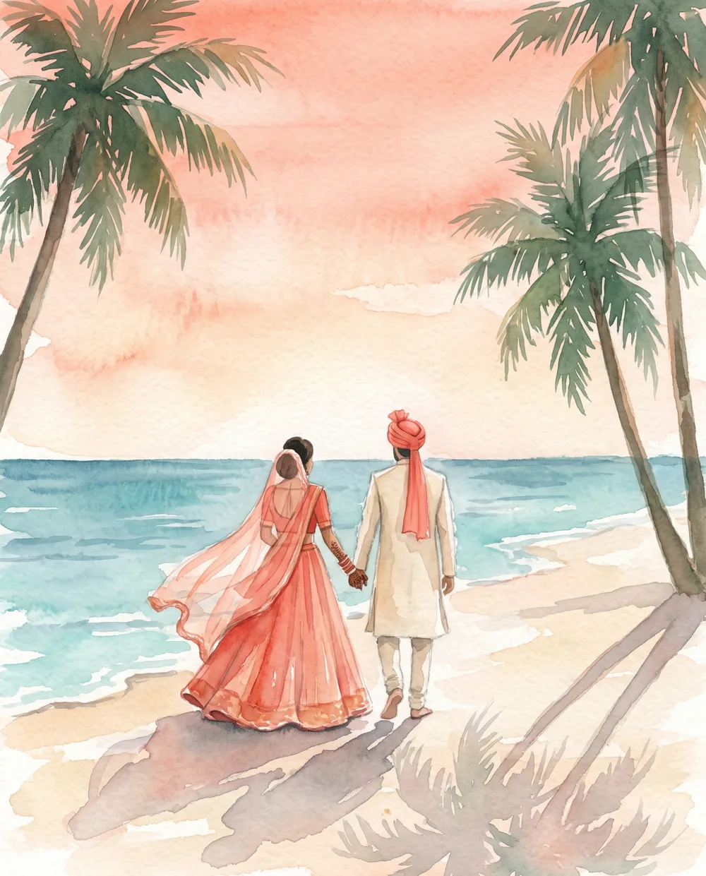 Watercolour of Zoya in a coral lehenga and Aryan in a cream sherwani walking away down the sand