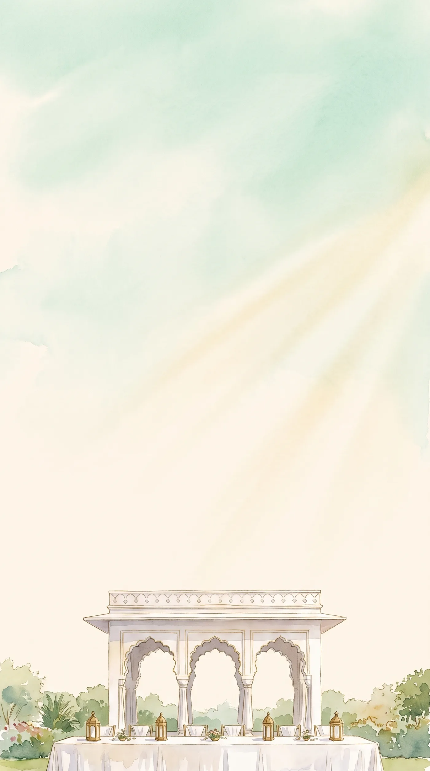Cream and mint morning watercolour sky with soft sunbeams above a white garden pavilion and a long linen covered brunch table