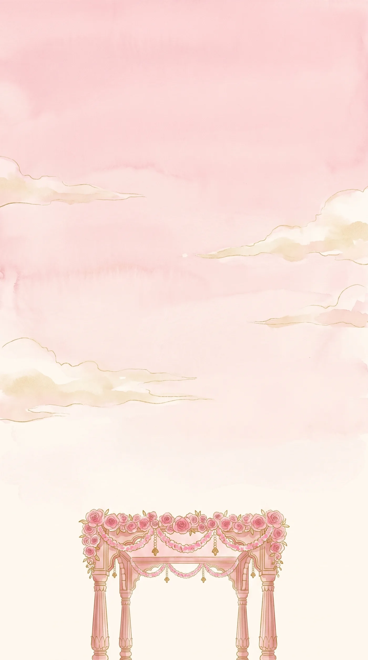 Soft rose pink watercolour sky with pale gold clouds above a floral wedding mandap with four slim sandstone pillars