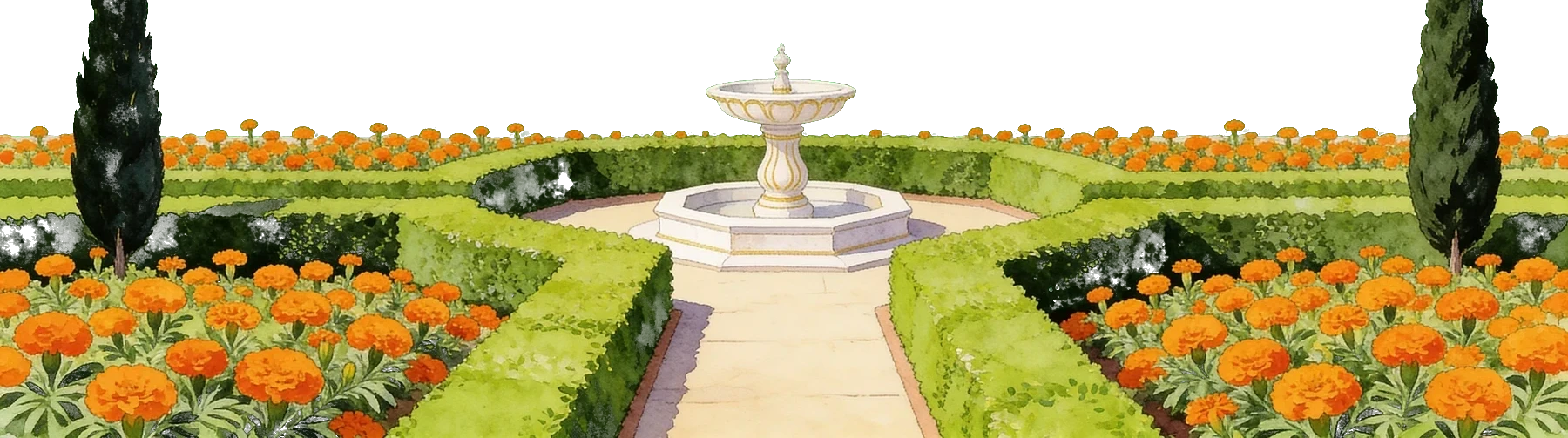 Formal garden in front of the haveli with clipped hedges, marigold beds and a marble fountain