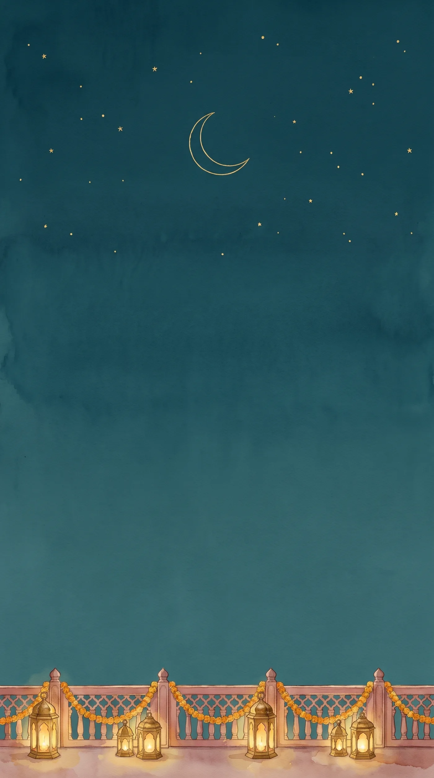 Deep teal night sky with a gold crescent moon and tiny stars above a sandstone parapet lined with glowing brass lanterns