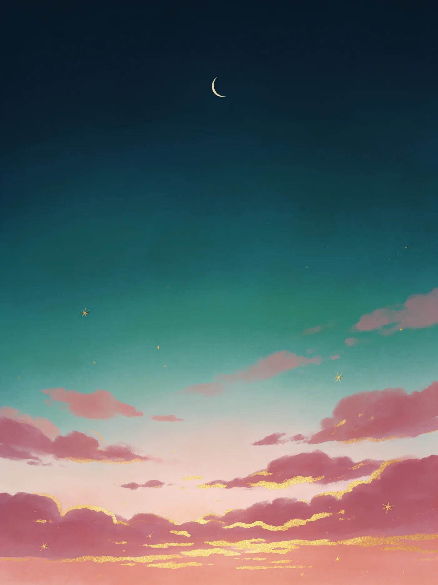 Hand painted dusk sky in deep teal, rose clouds at the horizon and a slim crescent moon