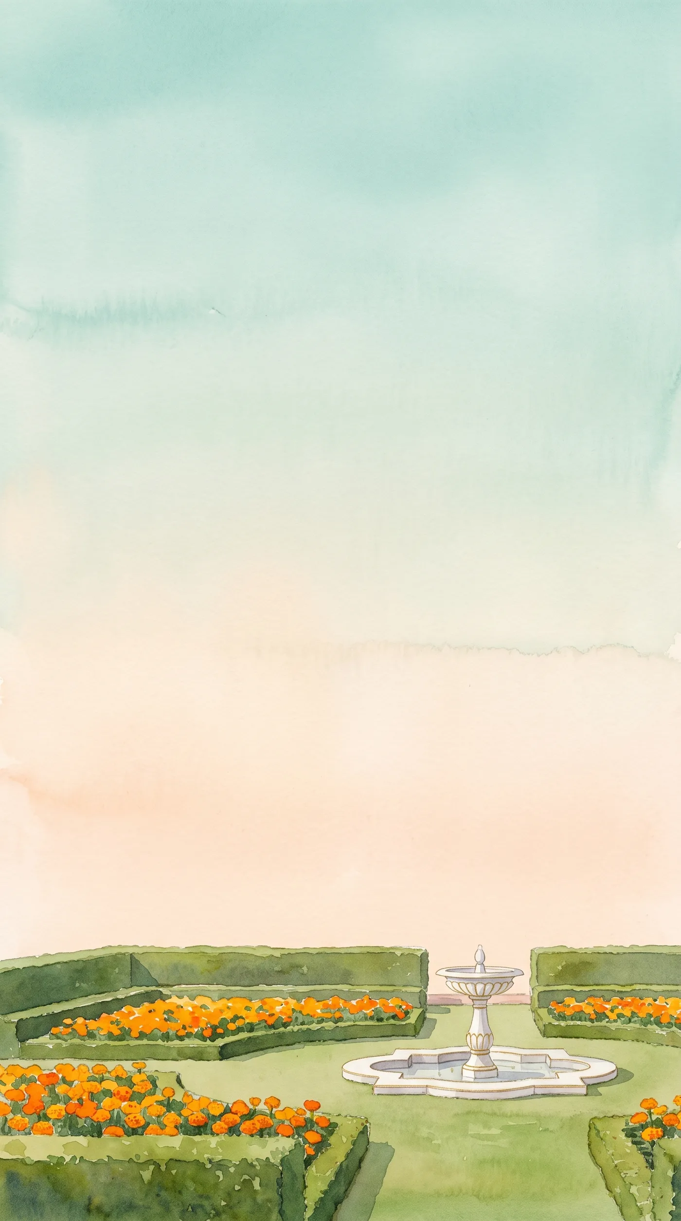 Peach to teal dusk watercolour sky above a formal lawn with clipped hedges, marigold beds and a small marble fountain