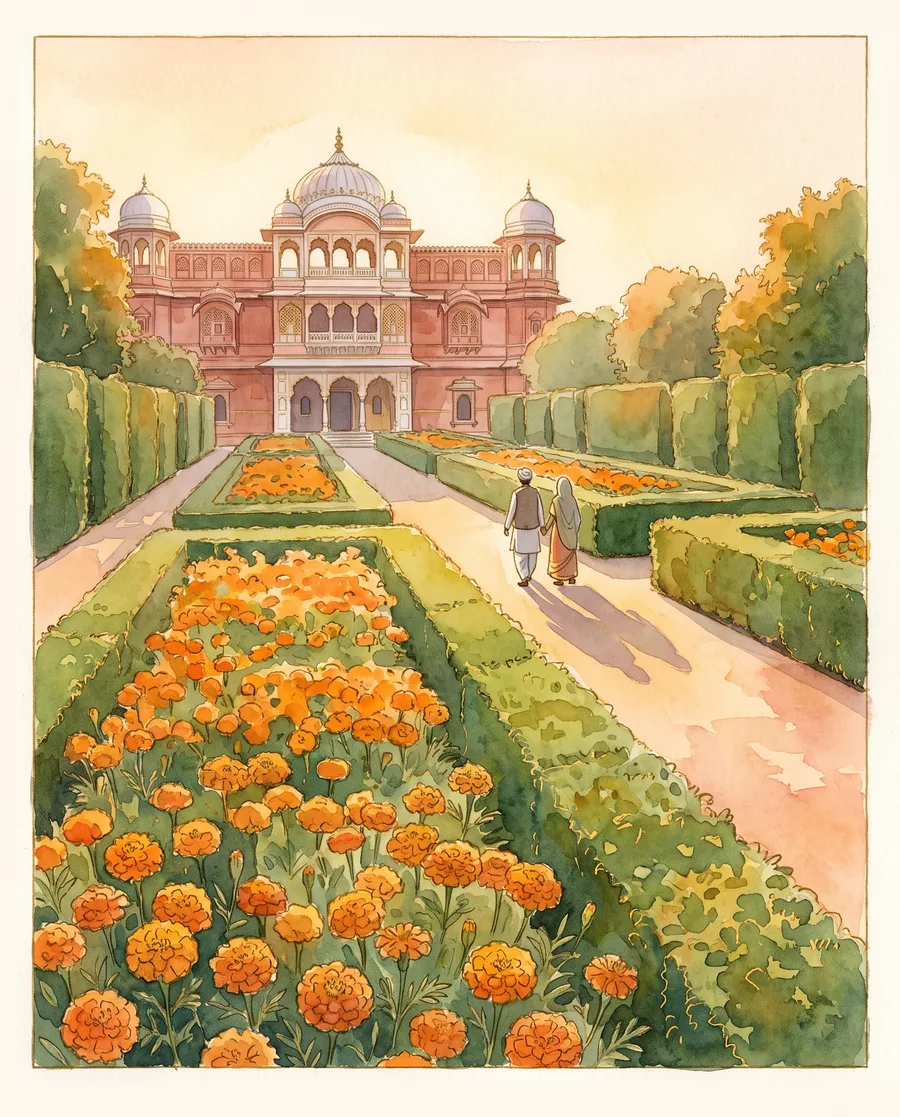 Two small figures seen from behind walking a marigold lined garden path toward a rose sandstone haveli