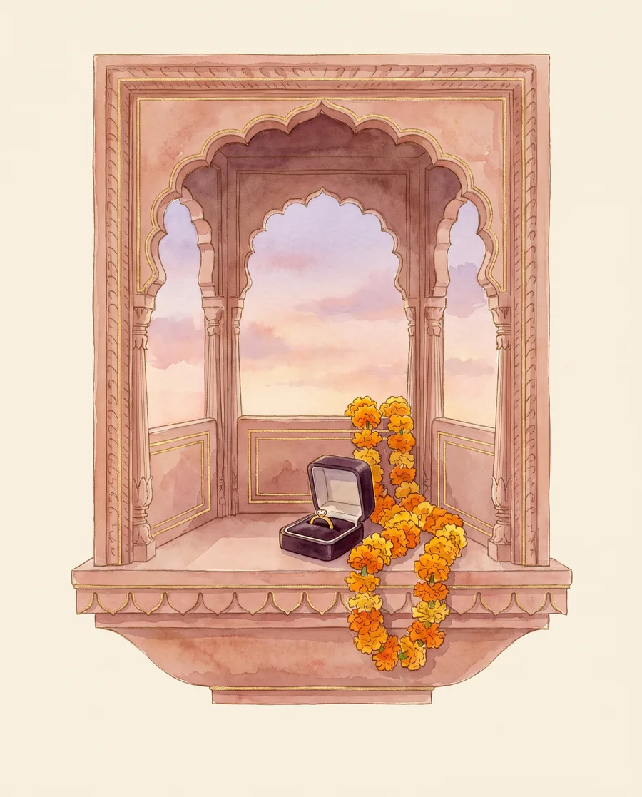 An open ring box and a marigold garland resting on a sandstone jharokha ledge at dusk